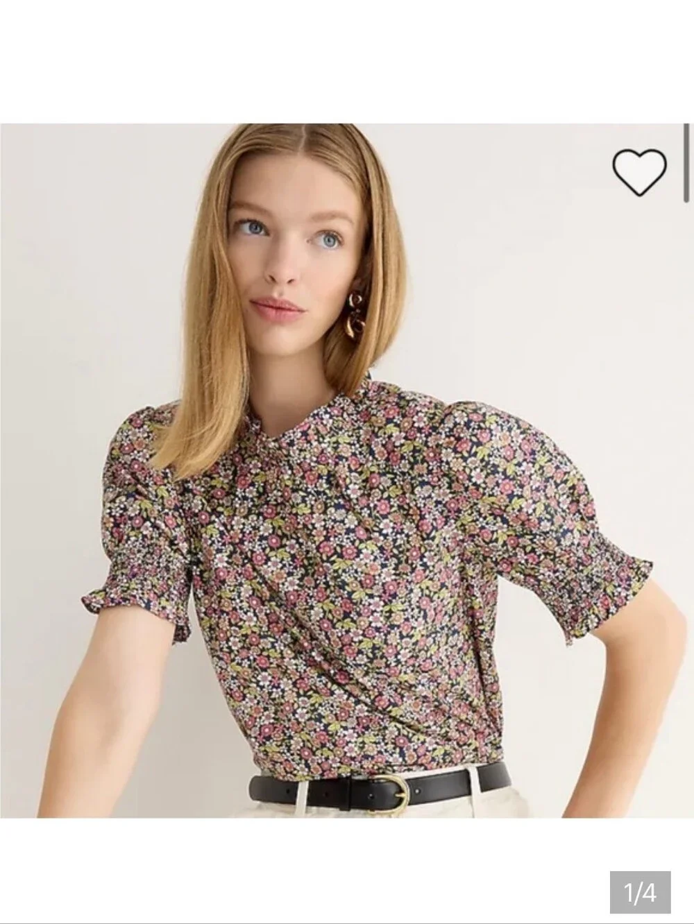 J. Crew Black Floral Smocked-Sleeve Blouse Sz L